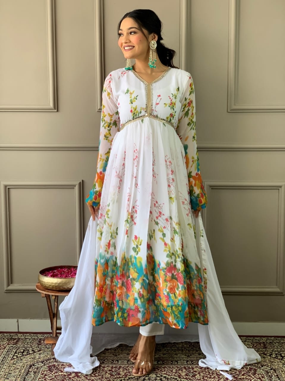 Kalaai Alia Cut Georgette Printed Long Kurti With Bottom Dupatta Wholesalers In Delhi
